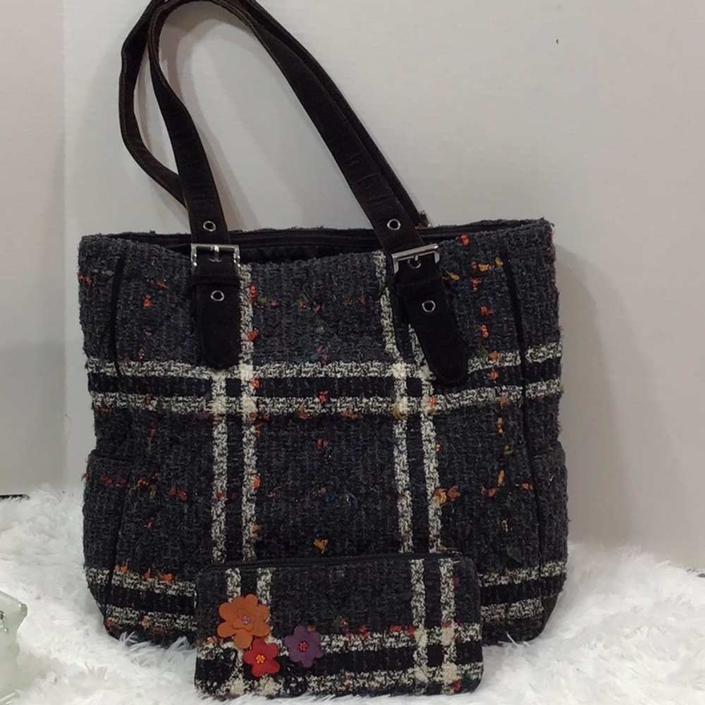 Vera Bradley tweed/velvet tote and clutch set